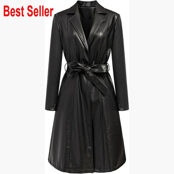 Faux Leather Trench Coat Long Sleeve Motorcycle Biker Overcoat With Belt